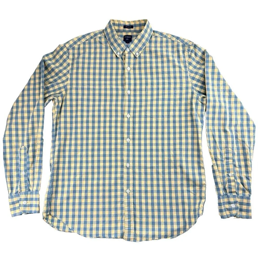 J. Crew Button Down Shirt Mens L Slim Fit Yellow Blue Check Plaid Long Sleeve